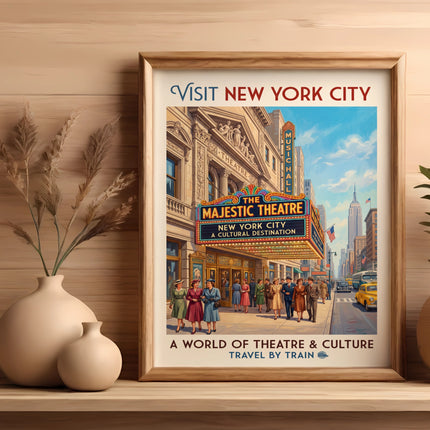 Vintage poster for The Majestic Theatre, New York City, advertising travel by train.