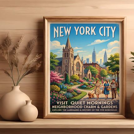 New York City vintage poster featuring a church, gardens, and cityscape.