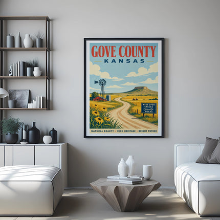 Gove County Kansas travel poster with vintage farm scene and sunflower fields.
