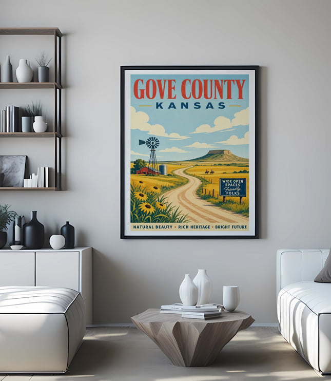 Gove County Kansas travel poster with vintage farm scene and sunflower fields.