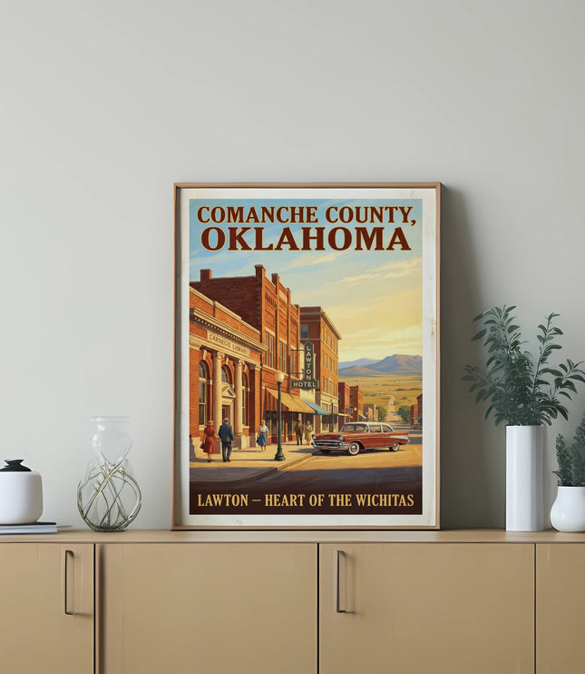 Comanche County, Oklahoma vintage travel poster with Lawton - Heart of the Wichitas text.