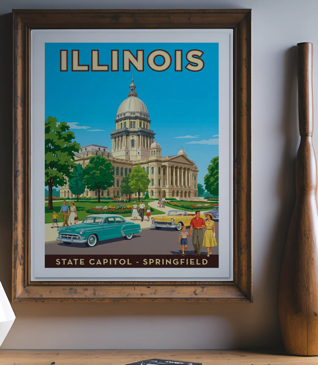 Framed art depicts Illinois State Capitol in Springfield with vintage cars and people.