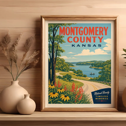 Montgomery County, Kansas vintage travel poster with lake and road.