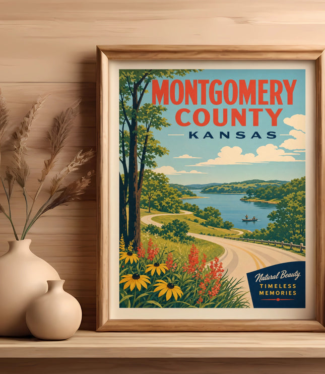 Montgomery County, Kansas vintage travel poster with lake and road.