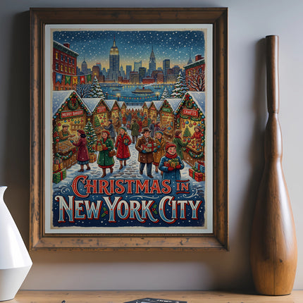 Christmas in New York City vintage poster with snowy street scene and skyline.