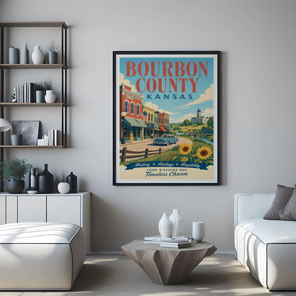 Bourbon County, Kansas vintage travel poster with "History Heritage Hospitality" text.