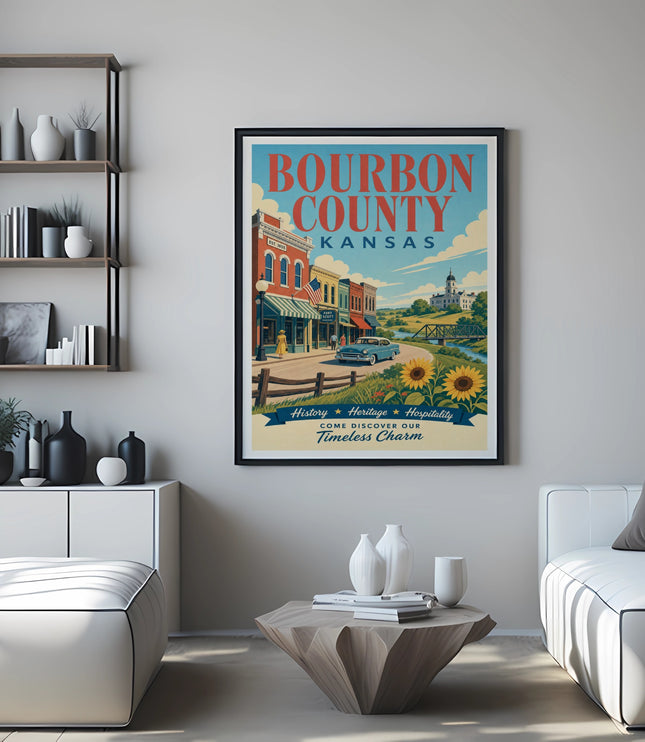 Bourbon County, Kansas vintage travel poster with "History Heritage Hospitality" text.