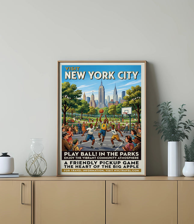 Vintage poster of New York City skyline with people playing basketball in a park.