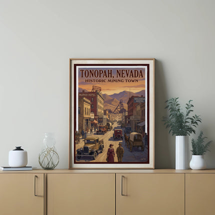 Poster depicting Tonopah, Nevada, historic mining town with vintage cars and buildings.
