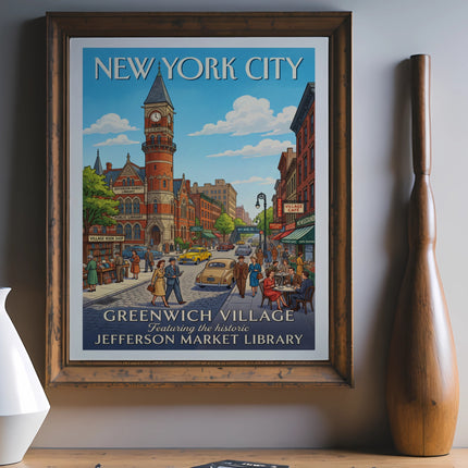Vintage New York City poster for Greenwich Village featuring Jefferson Market Library.