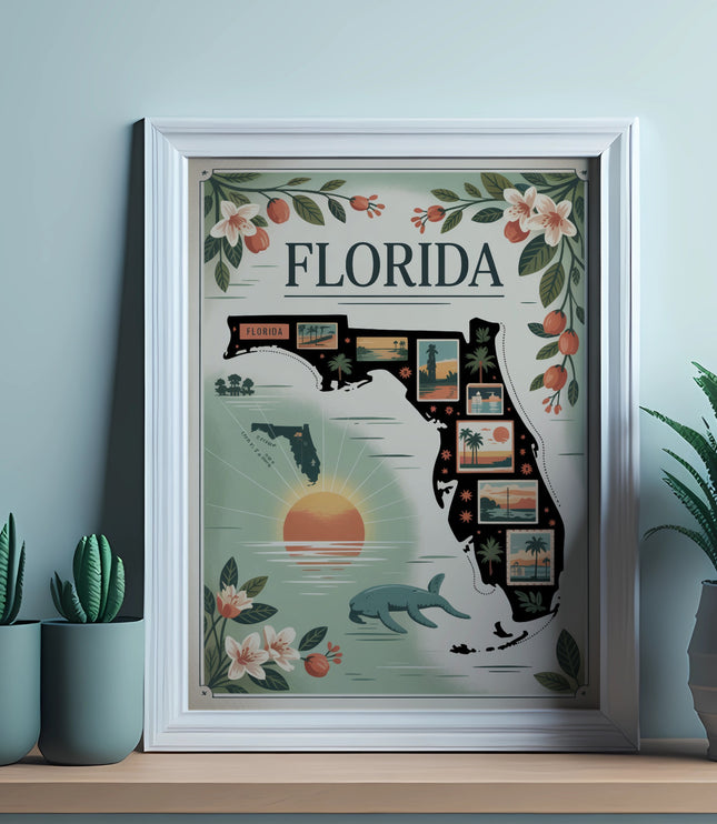 Framed Florida map art with vignettes of beaches, palm trees, and a manatee.