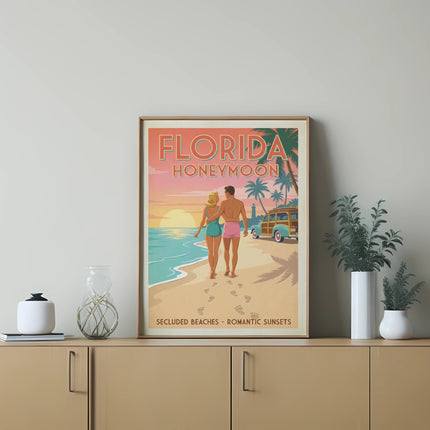 Florida Honeymoon framed poster with couple walking on a beach at sunset.
