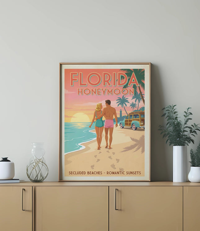 Florida Honeymoon framed poster with couple walking on a beach at sunset.