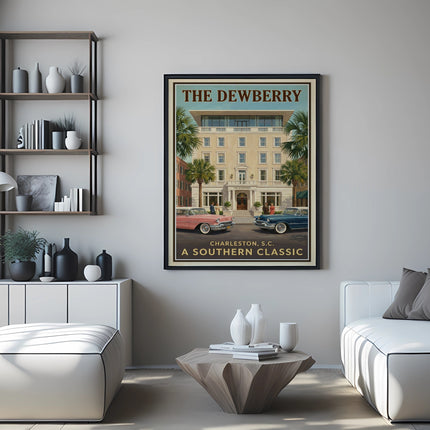Poster of The Dewberry Charleston, S.C. with vintage cars and palm trees.