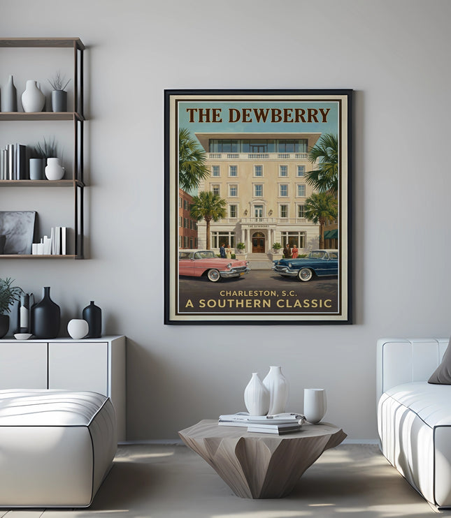 Poster of The Dewberry Charleston, S.C. with vintage cars and palm trees.