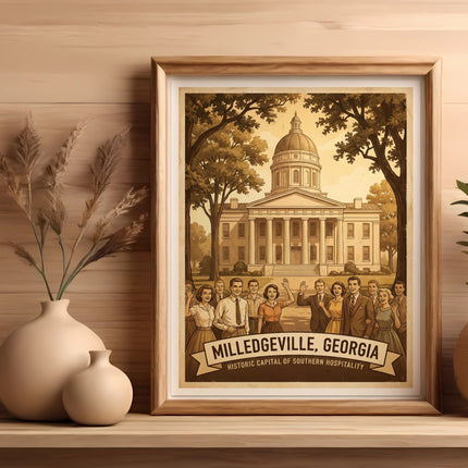 Framed illustration of the Georgia State Capitol building with people, text reads "Milledgerville, Georgia".