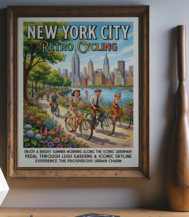 New York City Retro Cycling poster with skyline, cyclists, and text.