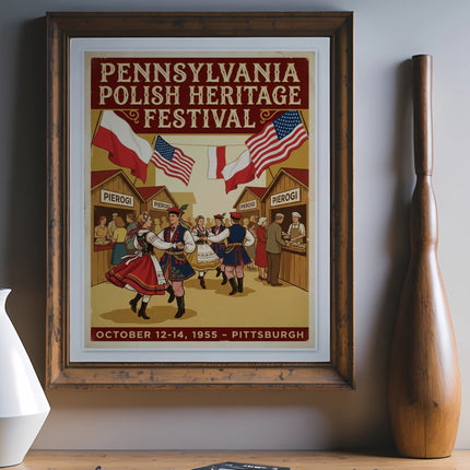 Pennsylvania Polish Heritage Festival poster with pierogi and American flags.