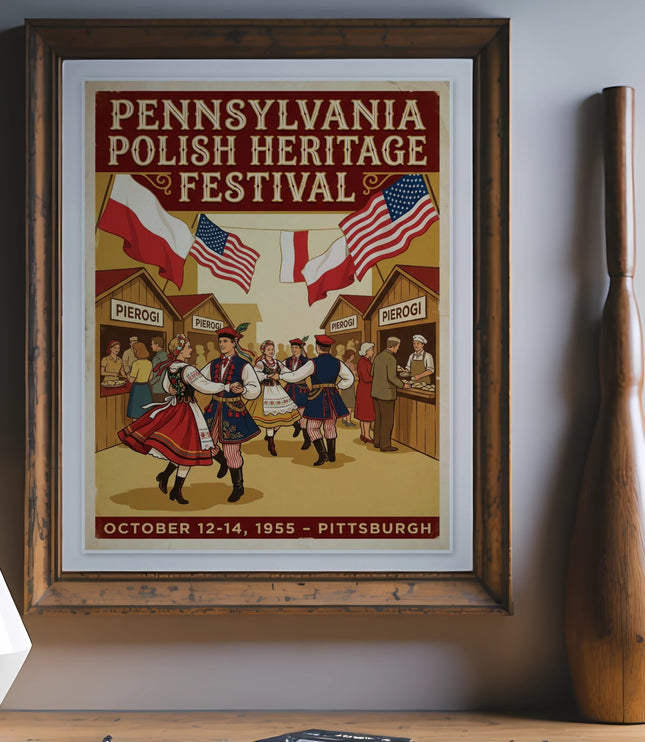 Pennsylvania Polish Heritage Festival poster with pierogi and American flags.