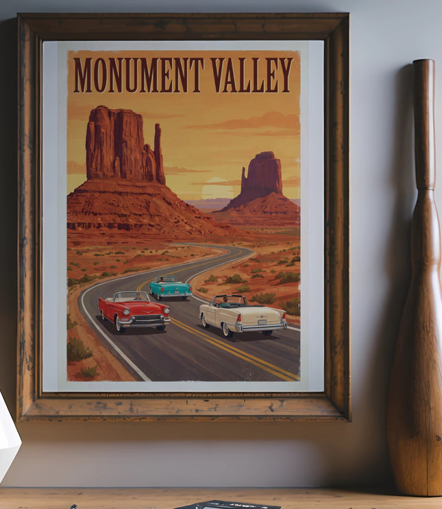 Monument Valley poster with three vintage convertibles driving on a desert road.