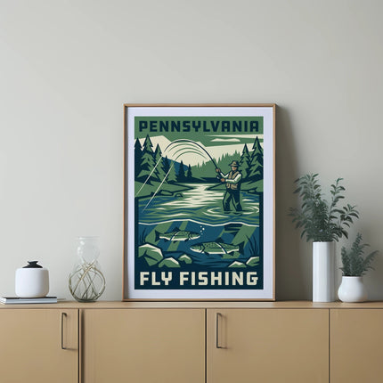 Pennsylvania Fly Fishing vintage poster with fisherman and fish by a river.
