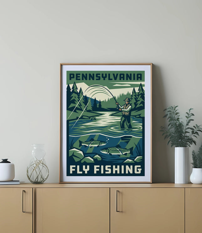 Pennsylvania Fly Fishing vintage poster with fisherman and fish by a river.