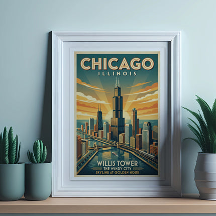 Framed Chicago Illinois skyline art with Willis Tower at golden hour.