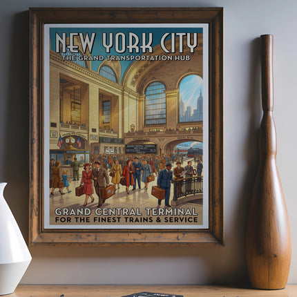 Vintage Grand Central Terminal poster with people, trains, and New York City.