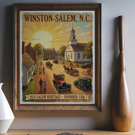 Vintage art print of Winston-Salem, N.C. Old Salem Heritage established 1766.