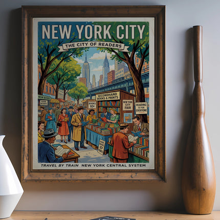 Vintage New York City poster for a book fair with people browsing stalls.