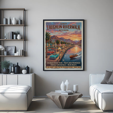 Laughlin Riverwalk Nevada poster with vintage cars, river views, and casinos.