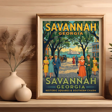 Savannah Georgia historic squares and southern charm vintage travel poster.