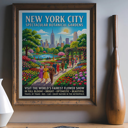 New York City botanical gardens poster with people and colorful flowers.