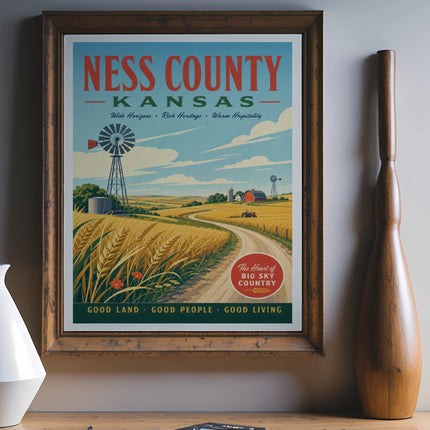 Ness County, Kansas poster depicting farm landscape with text "Good Land, Good People, Good Living."