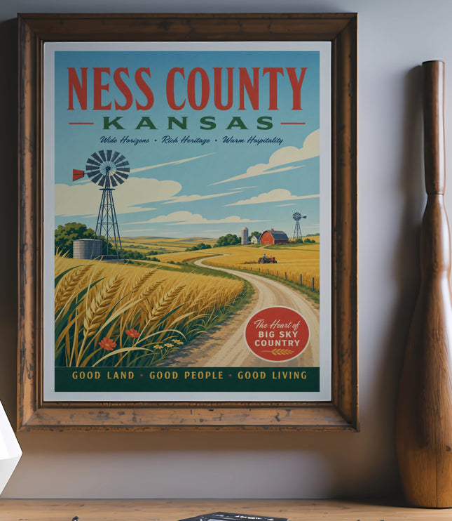 Ness County, Kansas poster depicting farm landscape with text "Good Land, Good People, Good Living."