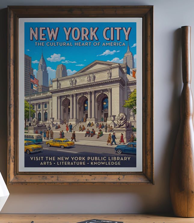 New York City vintage travel poster shows the Stephen A. Schwarzman Building.
