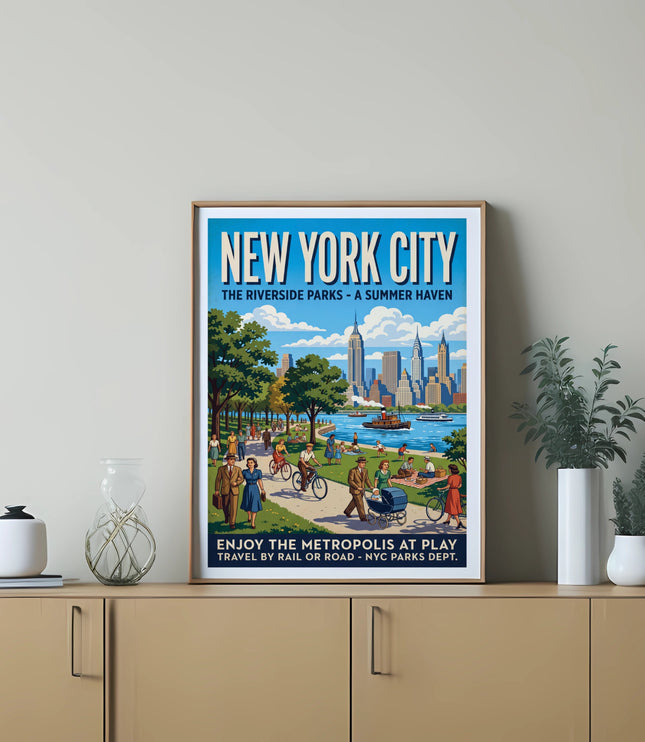 New York City Riverside Parks vintage poster with skyline and people enjoying activities.