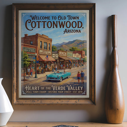 "Welcome to Old Town Cottonwood, Arizona" framed vintage poster featuring a street scene.