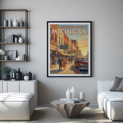 Vintage poster "Visit Jackson County Michigan" with people and classic car.