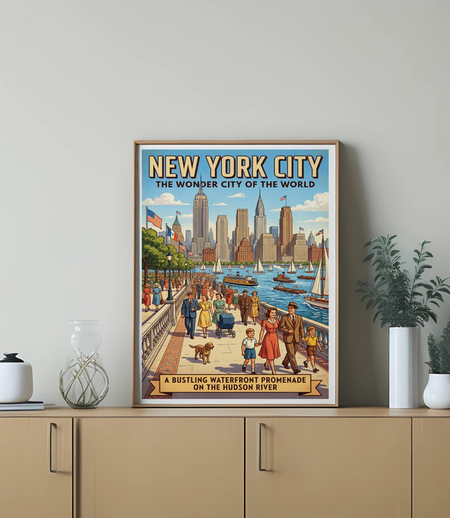 New York City vintage travel poster showing a bustling waterfront promenade on the Hudson River.