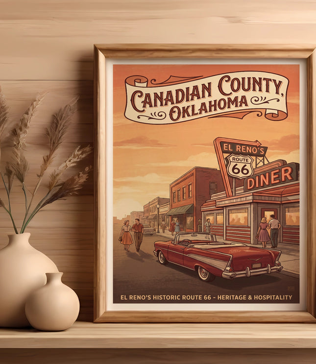 Canadian County, Oklahoma Route 66 diner scene with a classic car.
