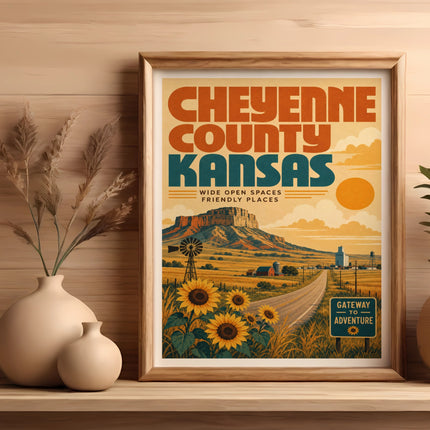 Framed vintage poster for Cheyenne County, Kansas, featuring sunflowers, a windmill, and a road.