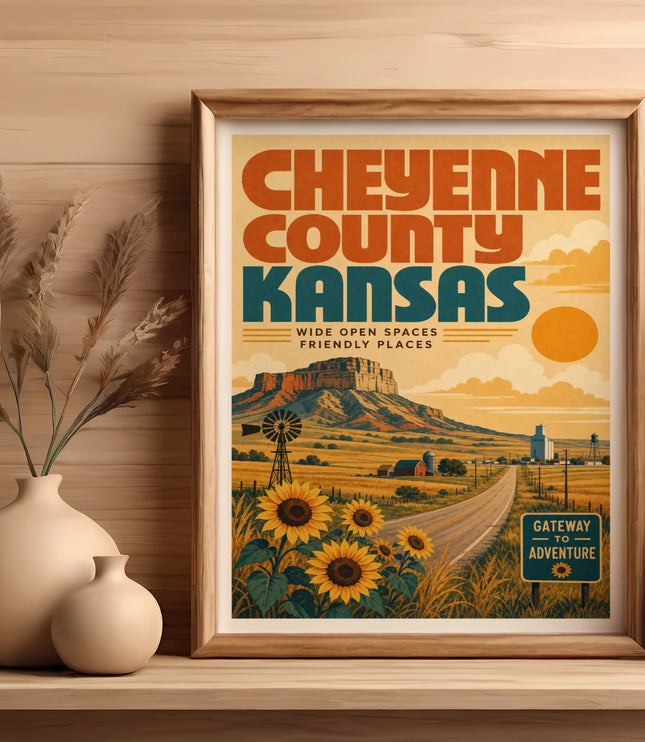 Framed vintage poster for Cheyenne County, Kansas, featuring sunflowers, a windmill, and a road.