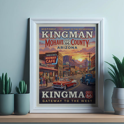 Kingman Mohave County Arizona Route 66 vintage travel poster with cars and buildings.