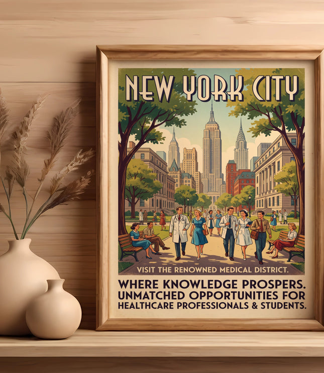 New York City vintage poster with skyline, medical professionals, and text about the medical district.