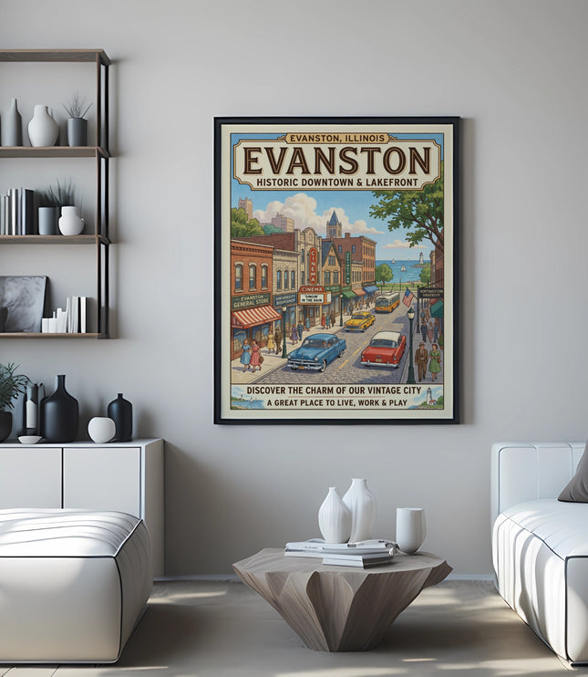 Vintage travel poster of Evanston, Illinois, showing historic downtown and lakefront with text.