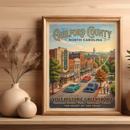 Vintage-style poster of Guilford County, North Carolina, with town scene and text.