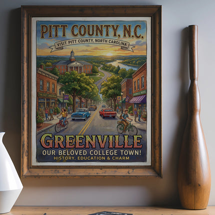 Framed poster of Greenville, NC, featuring a street scene and town slogans.