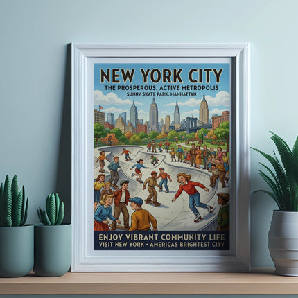 New York City skate park poster with people skating and city skyline.