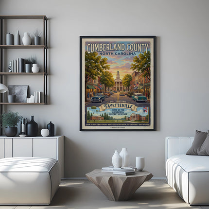 Vintage travel poster for Cumberland County, North Carolina, featuring Fayetteville.